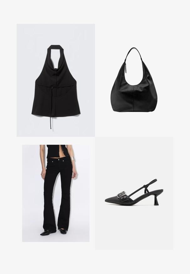 Zwarte haltertop zonder mouwen met een ceintuur in de taille, een v-vormige voorhals en een wijd uitlopende onderkant.; Vrouw draagt zwarte uitlopende broek, zwart mouwloos topje met rits aan de voorkant, zwarte puntige schoenen, zilveren armband en ringen, staand tegen een witte achtergrond.; Simmi London DALA - Klassieke pumps - black; Zwarte leren slouchy hobo-handtas met een enkele brede band en een rits-trekker detail op een effen witte achtergrond.