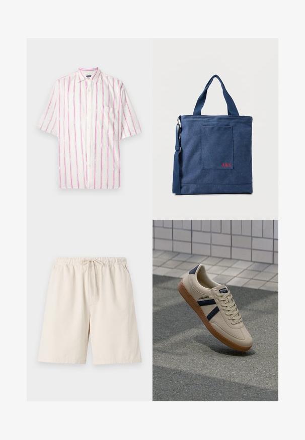 Chemise à manches courtes boutonnée en tissu blanc avec des rayures verticales rose et vert. Elle présente une poche du côté gauche.; Shorts côtelés beige clair avec une taille élastique et un cordon de serrage. Comprend des poches latérales et une coupe décontractée. Matière en mélange de coton.; Baskets beiges avec une finition texturée, bandes navy et semelle en caoutchouc. Équipées d'une languette rembourrée et d'un système de laçage traditionnel pour un maintien sécurisé.; Sac fourre-tout en toile bleue avec poche frontale et broderie rouge "O.N.S", doté de doubles poignées et d'une bandoulière réglable.
