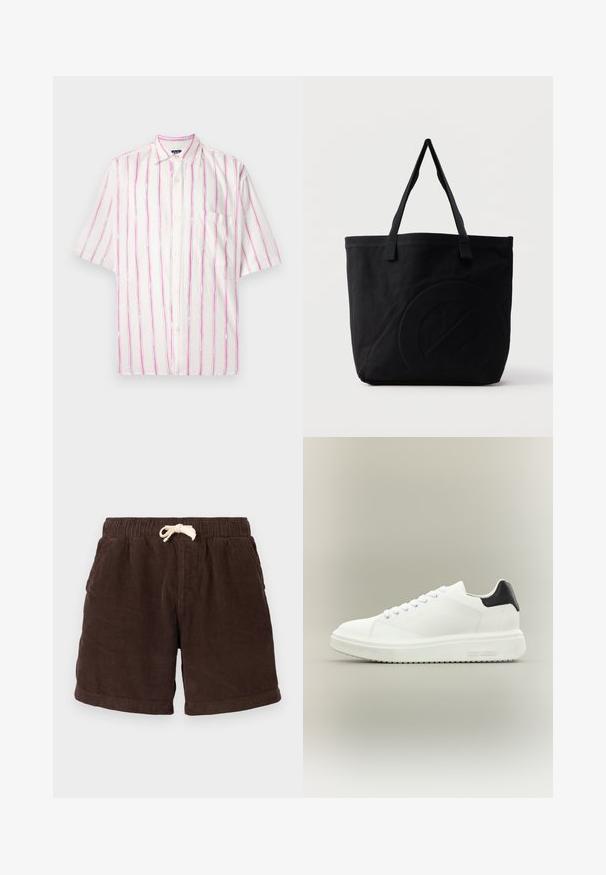 Chemise à manches courtes boutonnée en tissu blanc avec des rayures verticales rose et vert. Elle présente une poche du côté gauche.; Shorts en velours côtelé brun avec une taille élastique, une fermeture à cordon de serrage et des poches latérales. Le tissu présente un motif côtelé vertical et une finition texturée.; Baskets basses blanches avec une semelle épaisse, fermeture à lacets sur le devant et languette de talon noire, marquées "Steve Madden" sur la semelle latérale.; Sac fourre-tout en toile noire avec deux bandoulières et un motif circulaire discret en relief sur le devant.