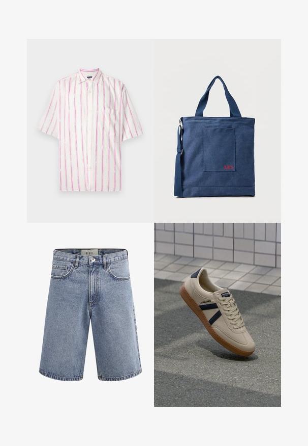 Kortærmet skjorte med knapper i hvidt stof med lodrette striber i pink og grøn. Har en lomme på venstre side.; Lyseblå denimshorts med forlommer, bæltestropper, knaplukning og en mærkat inde i taljebåndet med teksten "REBEL."; Beige sneaker med struktureret overflade, marineblå striber og gummisål. Har en polstret tunge og traditionelt snørresystem for en sikker pasform.; Blå lærredstote taske med frontlomme og rød "O.N.S" broderi, med to håndtag og en justerbar skulderrem.
