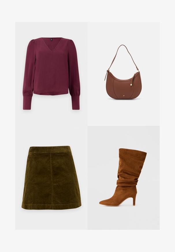 Bordeaux bluse med V-hals, lange puffede ærmer og elastiske manchetter. Lavet af letvægts, tekstureret stof. Enkel og moderne desain.; Brun kordfløjl mini skirt med lodrette ribber, lige snit og en ren kant. Har en simpel talje uden udsmykninger.; Brune ruskind knæhæje støvler med et slouchy design, spidse tæer og en slank høj hæl. Glat overflade uden synlige mønstre eller detaljer.; Brun faux læder skuldertaske med buet form, minimal syning og en guldtonet hardwaredetalje. Har en top lynlåslukning og justerbar rem.