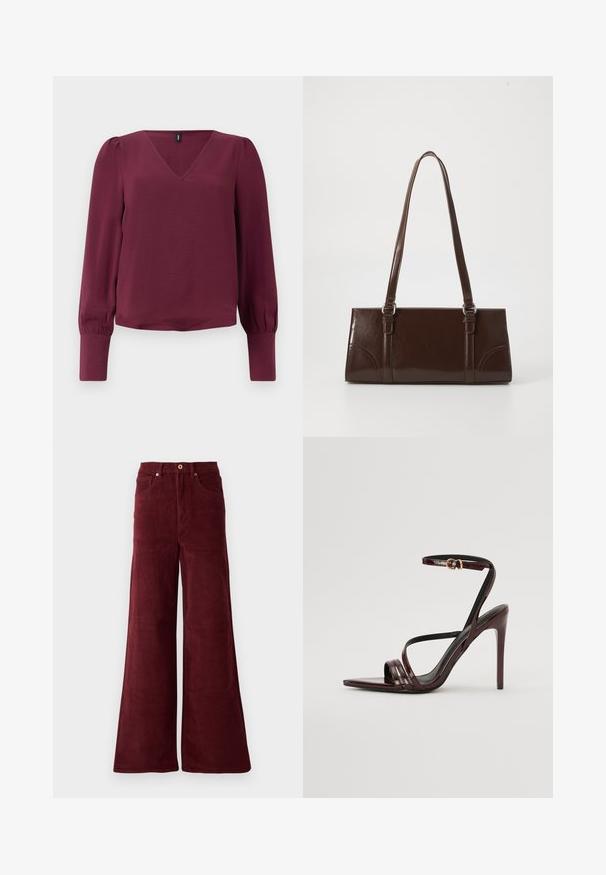 Bordeaux blouse met een V-hals, lange pofmouwen en elastische manchetten. Gemaakt van lichte, gestructureerde stof. Eenvoudig en modern ontwerp.; Burgundy wijde corduroy broek met hoge taille, voorzakken en een knoopsluiting. Geweven ribstof over de gehele lengte.; Bordeaux gepatineerde leren hoge hakken sandaal met een enkelbandje, puntige neus en drie horizontale banden over de voet. Details met gouden gesp.; Bruine lakleren handtas met een rechthoekige vorm, twee lange handvatten en subtiele gebogen accenten aan de voorkant.