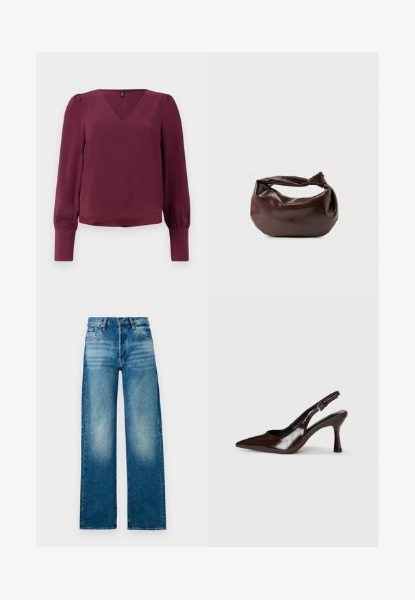 Bordeaux blouse met een V-hals, lange pofmouwen en elastische manchetten. Gemaakt van lichte, gestructureerde stof. Eenvoudig en modern ontwerp.; Lichtblauwe denimjeans met een hoge taille, wijde pijpen en een vervaagde afwerking. Voorzien van een klassiek five-pocket ontwerp en metalen knoopsluiting.; Bruine gepatineerde leren slingback pumps met een spitse neus, een dunne hak en een verstelbaar bandje met een kleine gesp.; Donkerbruine leren schoudertas met een zachte, slungelige vorm en een gedraaide knoopvormige handgreep op een effen witte achtergrond.