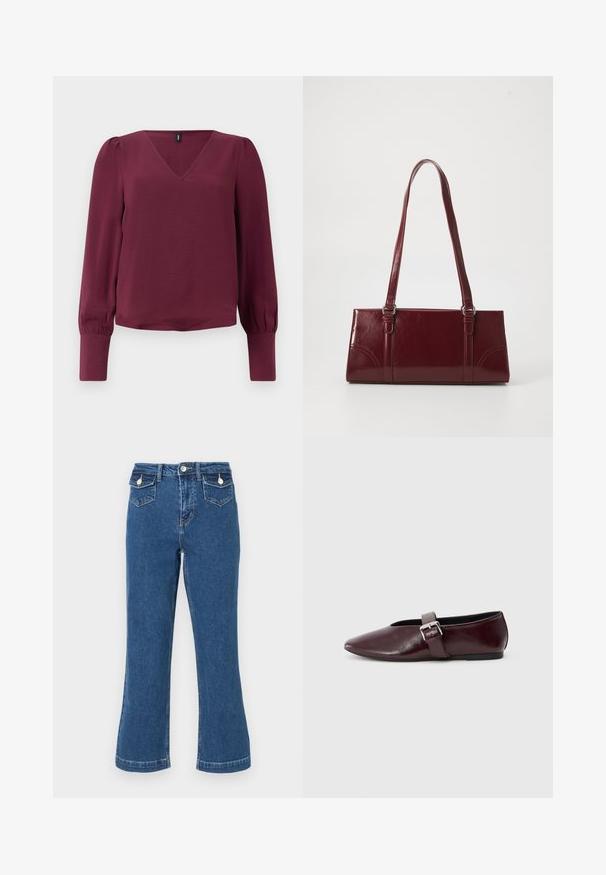 Chemisier bordeaux avec un col en V, des manches longues bouffantes et des poignets élastiques. Fabriqué en tissu léger et texturé. Design simple et moderne.; Jean bleu en denim taille haute, évasé, avec coutures surpiquées, deux poches avant et une fermeture à bouton. Texture douce, longueur standard.; Ballerines en cuir bordeaux avec un bout pointu, une semelle plate et une sangle décorative avec boucle sur le cou-de-pied. Texture lisse et brillante.; Sac à main bordeaux en matériau brillant, de forme rectangulaire, avec deux anses et des accents légèrement courbés à l'avant.