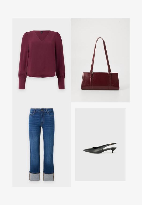 Bordeauxfarbene Bluse mit V-Ausschnitt, langen Puffärmen und elastischen Bündchen. Aus leichtem, strukturiertem Stoff gefertigt. Schlichtes und modernes Design.; Blaue Denim-Jeans mit geradem Bein und aufgerollten Säumen in Hellgrau. Mittlere Leibhöhe und traditionelles Fünf-Taschen-Design.; Schwarzer Slingback-Schuh mit spitzem Zehenbereich aus glattem Leder. Mit einem dünnen Absatz und einer dekorativen Schnalle am verstellbaren Riemen.; Burgunderfarbene Handtasche aus glänzendem Material, rechteckige Form, mit zwei Schulterriemen und subtilen, geschwungenen Akzenten an der Vorderseite.