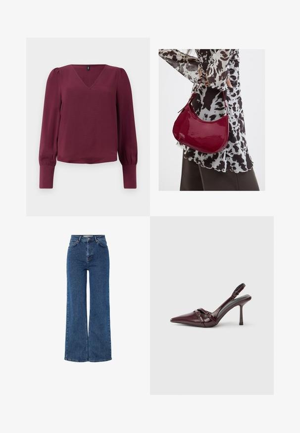 Bordeaux blouse met een V-hals, lange pofmouwen en elastische manchetten. Gemaakt van lichte, gestructureerde stof. Eenvoudig en modern ontwerp.; Hoge taille blauwe denim jeans met brede pijpen, voorzien van een traditionele vijf-pocket ontwerp, metalen knoopsluiting en contrasterende stiksels.; Bordeauxrode lakleren slingback met puntige neus, dunne enkelband en kleine decoratieve gespsluiting. Gladde textuur en hoge hak.; Vrouw met een zwart-wit gebloemde blouse houdt een glanzende rode schoudertas vast tegen een effen achtergrond.