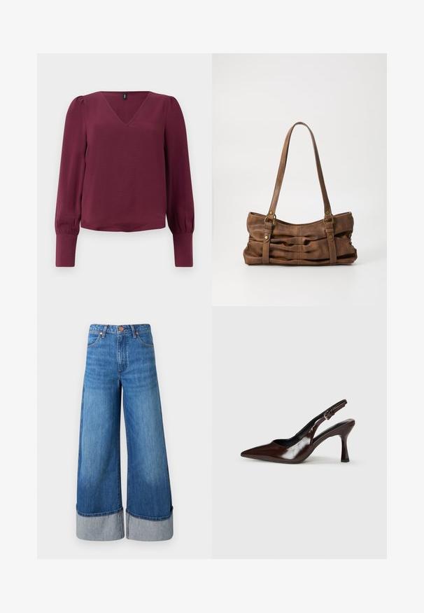 Chemisier bordeaux avec un col en V, des manches longues bouffantes et des poignets élastiques. Fabriqué en tissu léger et texturé. Design simple et moderne.; Jeans en denim à jambes larges de couleur bleu moyen. Présentent une taille haute, des ourlets retroussés en denim plus clair, et un design classique à cinq poches avec des accents en métal.; Talons slingback en cuir verni brun avec un bout pointu, un talon fin, et une sangle réglable avec une petite boucle.; Even&Odd Sac à main - brown