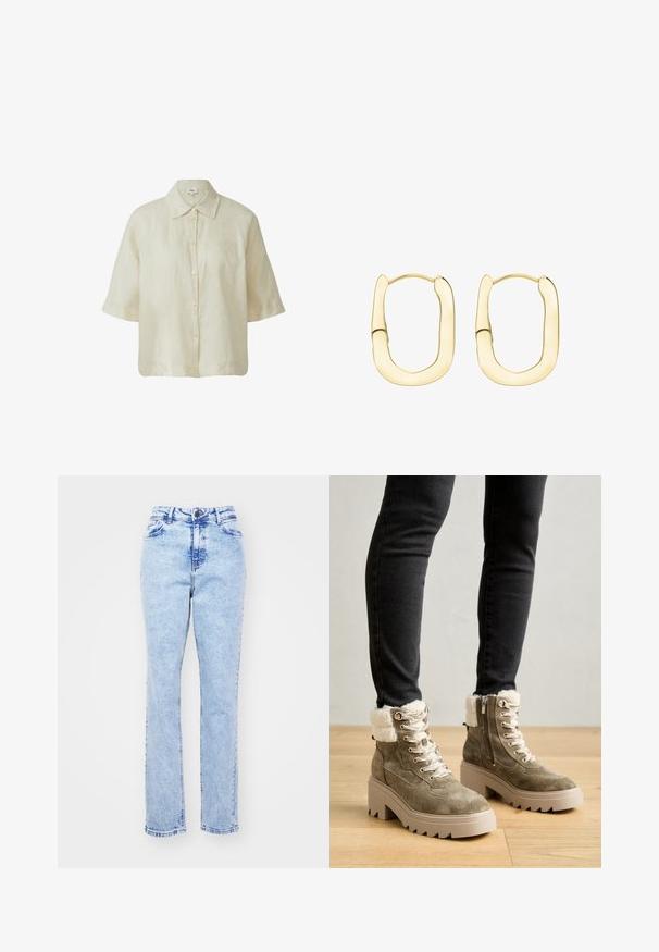 Hellbeige Leinenbluse mit klassischem Kragen, kurzen Ärmeln und Knopfverschluss vorne. Weicher Stoff mit lässiger Passform.; Helle blaue Jeans mit schmalem Bein, hoher Taille, fünf Taschen und einem Metallknopfverschluss. Ausgewaschene Optik mit subtilen Nähdetails.; Olivengrüne Wildleder-Stiefeletten mit einem Kunstfellbesatz, silbernen Beschlägen und einer chunky, beigefarbenen Plateausohle. Mit Schnürsenkeln und einem seitlichen Reißverschluss.; Goldfarbene Hängeohrringe in rechteckiger, abgerundeter Form. Glatte, glänzende Oberfläche mit sicherem Schnappverschluss.