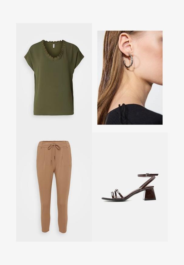 Top de color verde olivo de manga corta, hecho de una tela suave, con un escote festoneado y un corte relajado. Diseño simple sin patrones adicionales.; Pantalones de color marrón claro, ajustados en la parte inferior y fabricados con una tela suave, que cuentan con una cinturilla con cordón, pliegues delanteros y puños elásticos en los tobillos.; Sandalia de charol marrón oscuro con tacón bloque, tira en el tobillo con hebilla y dos tiras finas sobre los dedos, sobre fondo blanco.; Pendiente de aro de plata con un acabado pulido, que presenta pequeños detalles en dorado y una forma redonda, llevado en el lóbulo.