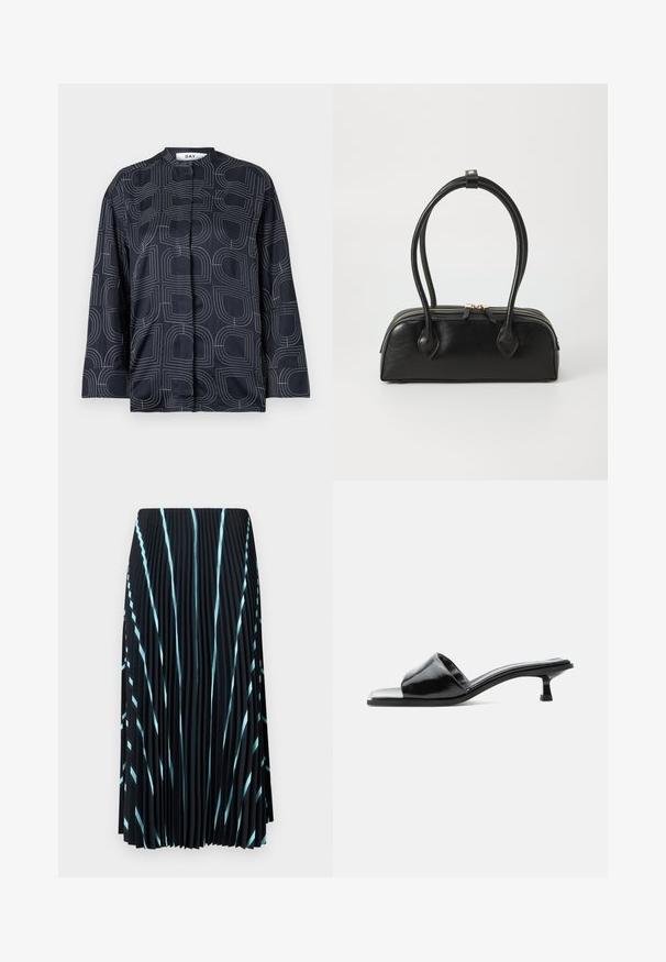 Marinebluse mit geometrischem weißen Muster, ausgestattet mit Stehkragen und langen Ärmeln, aus glattem, glänzendem Material.; Schwarzer, plissierter Rock mit hellblauen diagonalen Streifen. Hergestellt aus leichtem, strukturiertem Stoff. Fällt bis zur Mitte der Wade und hat keine sichtbaren Verschlüsse.; Schwarzer Lackleder-Mule mit offenem Zehenbereich, niedrigem Kitten-Heel und einem breiten Riemen über den Zehen, seitlich auf einfachem Hintergrund gezeigt.; Schwarze Lederhandtasche mit zwei verlängerten Griffen, Reißverschluss und runder Form; glatte Textur mit subtiler glänzender Oberfläche.