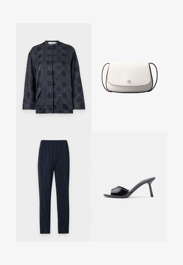 Marinebluse med et geometrisk hvidt mønster, med en mandarin-krave og lange ærmer, lavet af et glat, blankt stof.; Marineblå plisserede bukser med elastisk talje, der har et tekstureret stof, lige ben-design og diskrete lodrette striber throughout.; Sorte laklæder sandaletter med åben tå, der har et buet overdesign og en spids stilethæl. Glat, blank finish.; Hvid skuldertaske med klaplukning, lille sølv "cK" logo i midten og tynd, justerbar, mørkebrun rem.