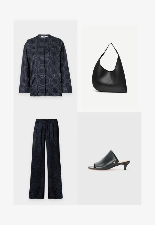 Blusa azul marino con un patrón geométrico blanco, con cuello mao y mangas largas, fabricada en un tejido liso y brillante.; Pantalones de pierna ancha en tejido oscuro con un sutil estampado de leopardo negro, cinturilla elástica y un drapeado cómodo.; Mules de cuero negro de punta abierta con un tacón bajo. Presentan una superficie lisa y un acento del logo dorado en el costado.; Bolso de hombro de cuero negro con forma triangular curva, una única correa ajustable y una costura diagonal visible en el frente.