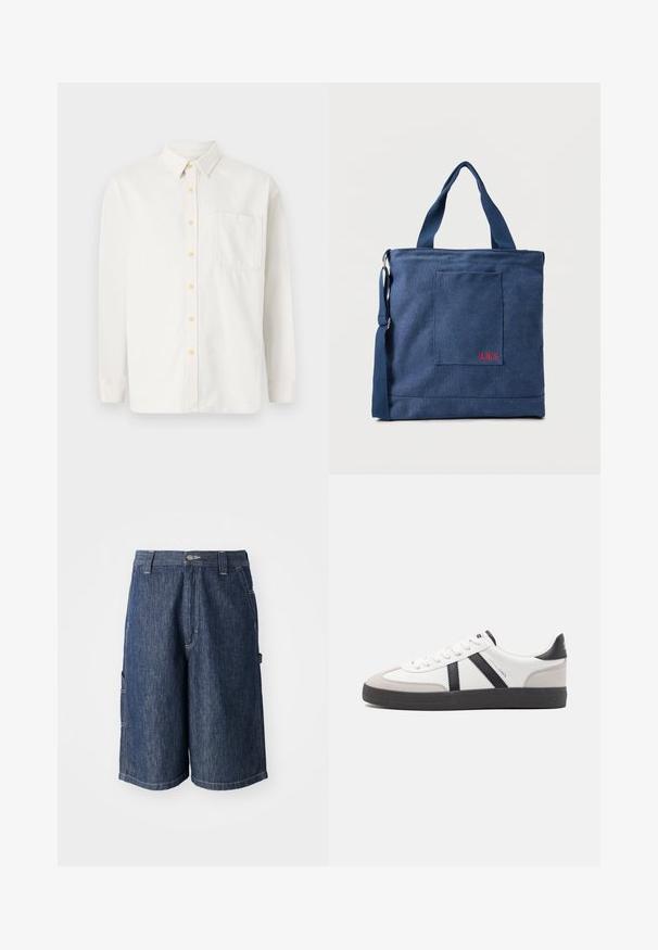 Witte lange mouw shirt gemaakt van een katoenmix, met een button-down kraag, gele knopen en een enkele borstzak. Klassieke pasvorm.; Donkerblauwe denimshorts met een rechte snit, vijf zakken en zichtbare stiksels. Voorzien van een knoopsluiting en riemlussen.; Witte sneaker met zwarte en grijze accenten, voorzien van een grijze neus met textuur, zwarte rubberen zool en platte witte veters. Schoon ontwerp, minimalistische stijl.; Blauwe canvas tas met voorvak en rode "O.N.S" borduring, voorzien van dubbele handvatten en een verstelbare schouderriem.