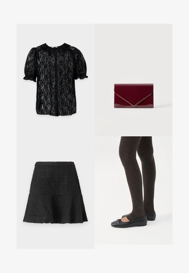 Blouse en dentelle noire avec manches courtes bouffantes, fermeture boutonnée sur le devant et col arrondi sur fond clair uni.; Jupe évasée noire texturée en ligne A avec ourlet évasé et motif à carreaux subtil sur fond uni.; Jambes portant des leggings côtelés foncés associés à des ballerines noires avec de petits détails en nœud sur fond blanc.; Pochette rouge foncé brillante de style enveloppe avec bordure dorée le long du bord du rabat sur un fond clair uni.