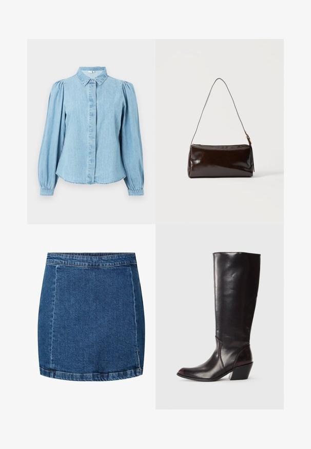 Chemise en denim bleu clair avec un col pointu, une patte de boutonnage à l'avant et des manches longues bouffantes. Texture lisse avec un ourlet arrondi.; Mini-jupe en denim bleu avec coutures visibles, ceinture et léger délavage sur les bords du tissu.; Botte en cuir brun foncé, à hauteur de genou, avec un bout pointu, un talon bloc angulaire et une texture lisse et brillante. Présente un design épuré et des détails de couture.; Sac à bandoulière rectangulaire en cuir marron foncé avec une seule sangle fine et une boucle dorée sur un fond uni.