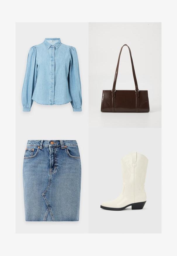 Lyseblå denimskjorte med spids krave, knapper foran og lange pufærmer. Glat tekstur med rundet kant forneden.; Denimnederdel i mellemblå med et tætsiddende design, forlommer og skrå sømdetaljer. Standard talje med metalknaplukning.; Hvid western-støvle til midt på læggen med spids tå, sort stablet hæl, dekorative sømme og trækflap på skaftet.; Brun lakeret håndtaske med rektangulær form, to lange håndtag og subtile buede detaljer på fronten.