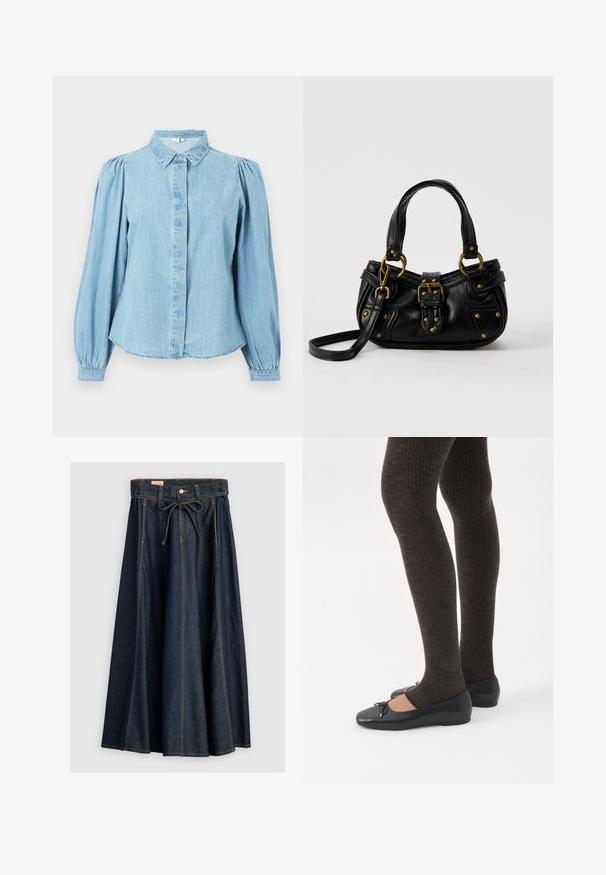 Chemise en denim bleu clair avec un col pointu, une patte de boutonnage à l'avant et des manches longues bouffantes. Texture lisse avec un ourlet arrondi.; Levi's® XL SKIRT - Jupe en jean - square circle; Jambes portant des leggings côtelés foncés associés à des ballerines noires avec de petits détails en nœud sur fond blanc.; Sac à main en cuir noir avec boucle dorée et détails à rivets, poignées courtes et bandoulière réglable sur fond blanc uni.