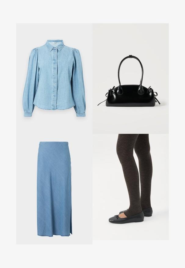 Chemise en denim bleu clair avec un col pointu, une patte de boutonnage à l'avant et des manches longues bouffantes. Texture lisse avec un ourlet arrondi.; Jupe midi bleu clair à coupe droite avec une petite fente latérale, en tissu doux.; Jambes portant des leggings côtelés foncés associés à des ballerines noires avec de petits détails en nœud sur fond blanc.; Petit sac à main noir brillant avec deux longues anses et des détails à cordon sur les côtés sur un fond clair uni.