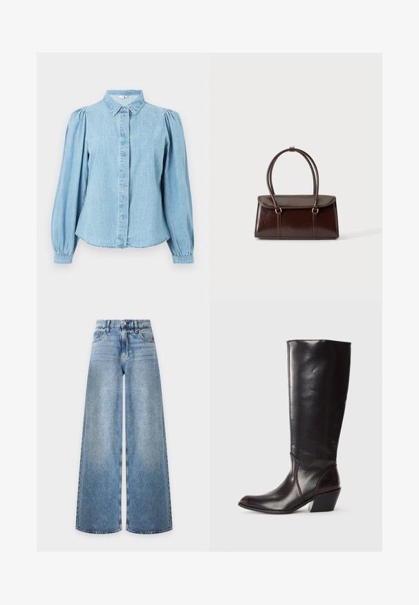 Lichtblauw denim overhemd met een puntige kraag, knoopsluiting aan de voorkant en lange pofmouwen. Gladde textuur met een afgeronde zoom.; Lichtblauwe spijkerbroek met wijde pijpen, hoge taille, knoop aan de voorkant, ritssluiting en klassiek vijfzakkenmodel.; Knielange, donkerbruine leren laars met een spitse neus, hoekige blokhak en een gladde, glanzende textuur. Heeft een strak ontwerp en stikdetails.; Donkerbruine glanzende leren handtas met een gestructureerd rechthoekig lichaam en twee lange afgeronde handvatten tegen een effen lichte achtergrond.