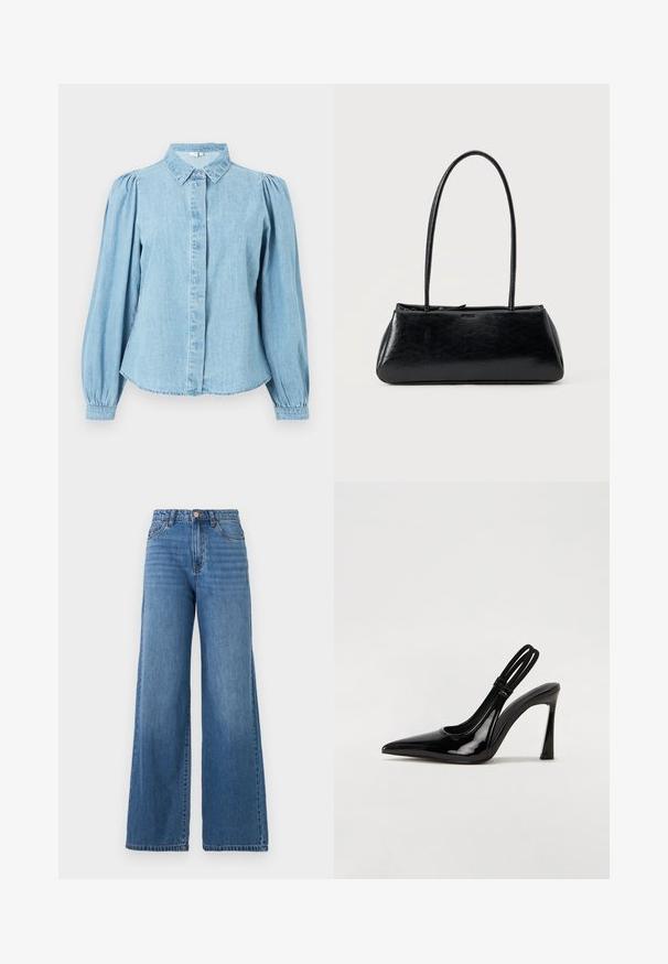 Lyseblå denimskjorte med spids krave, knapper foran og lange pufærmer. Glat tekstur med rundet kant forneden.; Blå højtaljede vidde jeans med forlommer, bæltestropper, knaplukning og lynlås.; Sorte patenterede lædersædler med spidse tæer, slank høj hæl og dobbelt elastisk rem for sikker pasform. Glat, skinnende overflade.; Sort rektangulær skuldertaske med lange tynde stropper og en glat, blank tekstur på en ensfarvet baggrund.