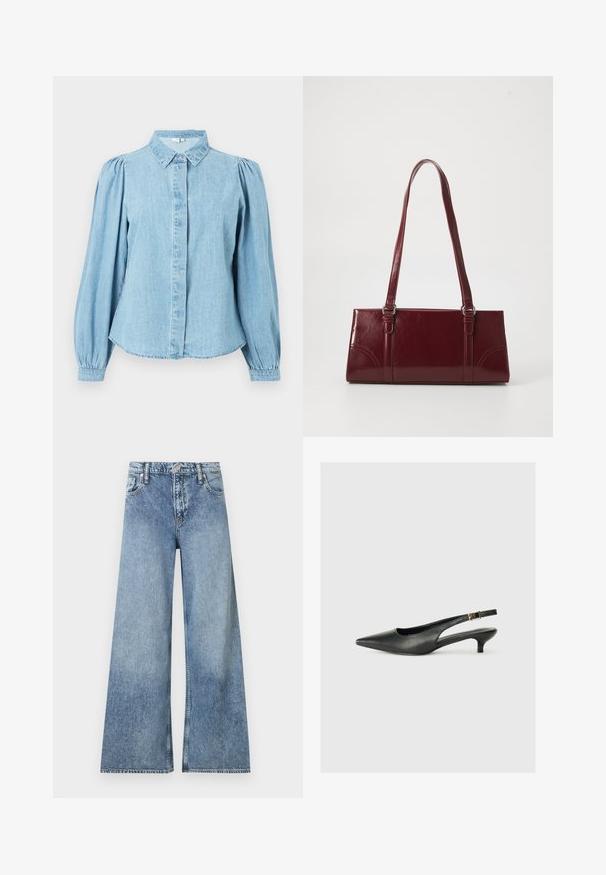 Lyseblå denimskjorte med spids krave, knapper foran og lange pufærmer. Glat tekstur med rundet kant forneden.; Lyseblå, vidtbens denimjeans med forlommer, bæltestropper, knappelukning og falmet detaljer.; Sorte spidse slingback-sko lavet af glat læder. Har en tynd hæl og en spænde detalje på den justerbare rem.; Bordeaux håndtaske lavet af glansfuldt materiale, rektangulær form, med to skulderremme og subtile buede detaljer på forsiden.