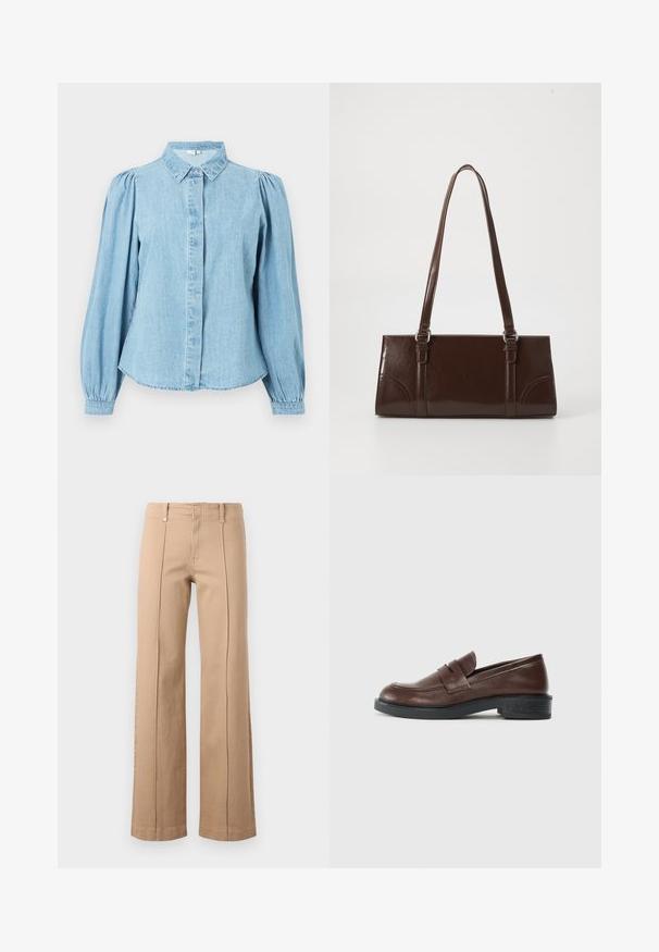 Lyseblå denimskjorte med spids krave, knapper foran og lange pufærmer. Glat tekstur med rundet kant forneden.; Beige bukser med lige ben, forreste midtersømme, bæltestropper og lynlåslukning på en ensfarvet lys baggrund.; Brune læder loafers med rund tå, og en dekorativ rem over toppen, samt en lav, struktureret sort gummihæl.; Brun lakeret håndtaske med rektangulær form, to lange håndtag og subtile buede detaljer på fronten.