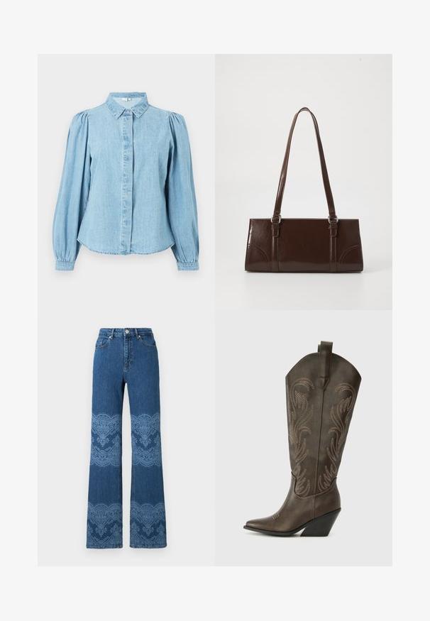 Lyseblå denimskjorte med spids krave, knapper foran og lange pufærmer. Glat tekstur med rundet kant forneden.; Blå jeans med højtaljede, lige ben og lyseblå blomster- og blondeagtige mønstre på lår og lægge, frontknap og lommer.; Brune læder cowboystøvle med spids tå, kilehæl og dekorativ broderi. Har en høj stok og en trækflap.; Brun lakeret håndtaske med rektangulær form, to lange håndtag og subtile buede detaljer på fronten.