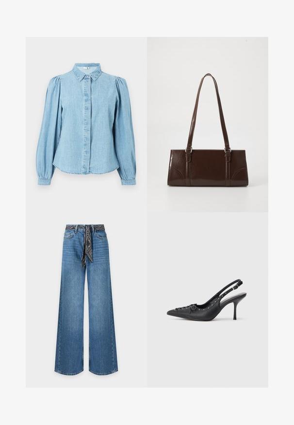 Chemise en denim bleu clair avec un col pointu, une patte de boutonnage à l'avant et des manches longues bouffantes. Texture lisse avec un ourlet arrondi.; Jean en denim bleu taille haute à jambes larges, avec poches avant et ceinture en tissu noire à motif nouée à la taille.; Escarpin en cuir noir à talon aiguille avec un bout pointu, une bride latérale à boucle, des clous le long du bord et un laçage décoratif à l'avant.; Sac à main en cuir verni marron de forme rectangulaire, avec deux longues poignées et des accents courbés subtils à l'avant.