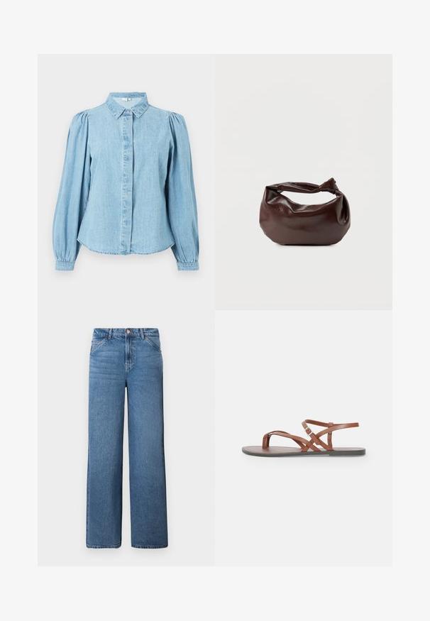 Camisa de mezclilla azul claro con cuello puntiagudo, botones en la parte delantera y mangas largas abullonadas. Textura lisa con dobladillo redondeado.; Jeans de mezclilla de tiro alto en azul claro y perneras anchas, con cremallera oculta y cierre de botón, y costura distintiva en los bolsillos frontales.; Sandalias planas de cuero marrón con correas entrelazadas, diseño de punta abierta y una correa en el tobillo con hebilla. Textura suave y estilo minimalista.; Bolso de hombro de cuero marrón oscuro con una forma suave y caída, y un asa con nudo torcido sobre un fondo blanco liso.