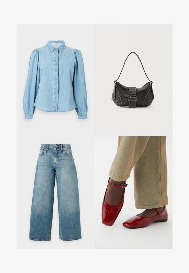 Lyseblå denimskjorte med spids krave, knapper foran og lange pufærmer. Glat tekstur med rundet kant forneden.; Lyseblå denimjeans med høj talje, bred benudskæring, fem lommer, bæltestropper og knaplukning, vist mod en ensfarvet baggrund.; Røde patentlæder sko med firkantet tå, lav hæl og ankelrem, parret med lysegrønne vide bukser. Glat tekstur, reflekterende overflade.; Sort læder skuldertaske med spænde på remmen, afrundede kanter og kontrasterende hvide syninger på en ensfarvet baggrund.