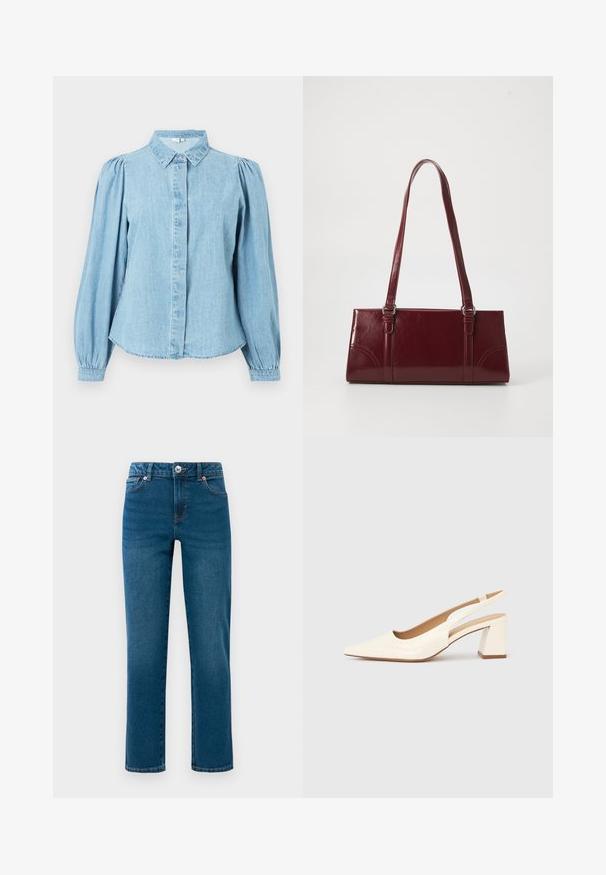 Camisa de mezclilla azul claro con cuello puntiagudo, botones en la parte delantera y mangas largas abullonadas. Textura lisa con dobladillo redondeado.; Jeans de denim rectos azules con cinco bolsillos, cierre de botón y cremallera, y pasadores para cinturón, exhibidos sobre fondo blanco.; Zapato de salón con tira trasera en charol crema brillante, con punta afilada y tacón cuadrado grueso para mayor estabilidad. Diseño minimalista, sin adornos.; Bolso burdeos hecho de material brillante, de forma rectangular, con dos asas para el hombro y sutiles acentos curvados en la parte frontal.