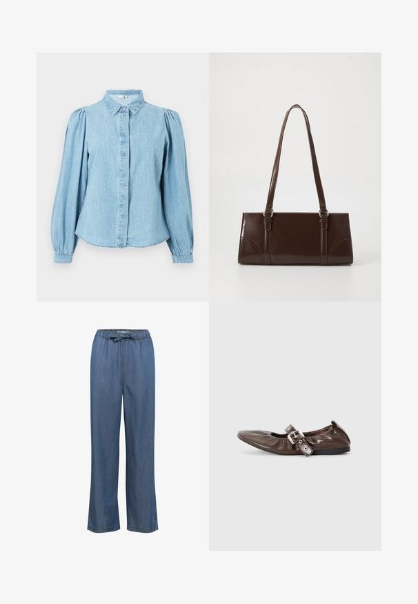 Lyseblå denimskjorte med spids krave, knapper foran og lange pufærmer. Glat tekstur med rundet kant forneden.; Bredde denim bukser i en mellemblå tone, med en elastisk talje og justerbar snor samt lige ben for en afslappet pasform.; Brun lakeret flad sko med spids tå, elastisk sløjfedetalje og en sølvspændeaccent på siden. Sort gummisål.; Brun lakeret håndtaske med rektangulær form, to lange håndtag og subtile buede detaljer på fronten.