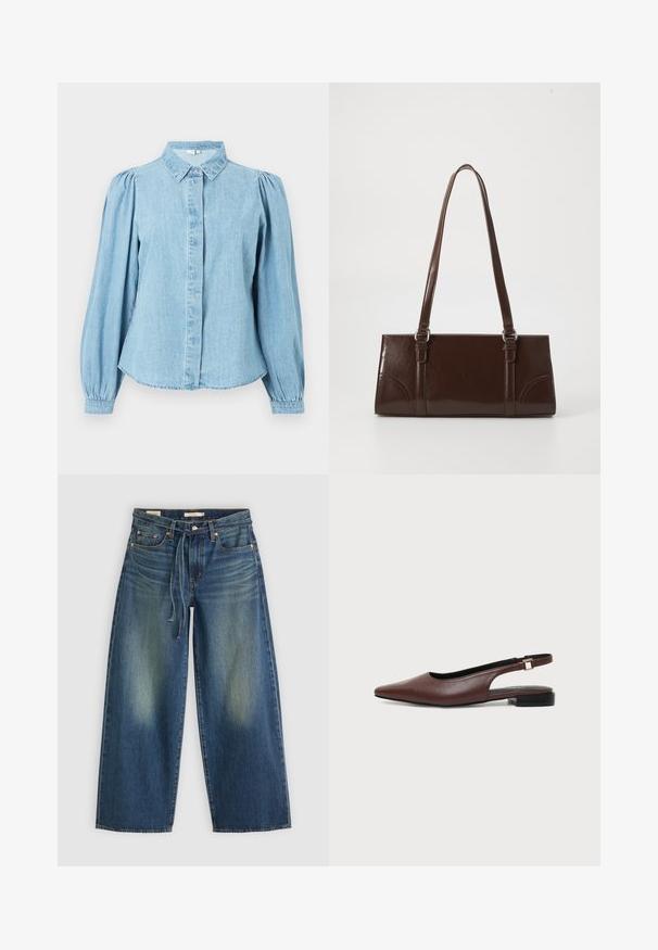 Lyseblå denimskjorte med spids krave, knapper foran og lange pufærmer. Glat tekstur med rundet kant forneden.; Denim brede benjeans i mørkeblå med en falmet finish, der har en snørebåndsvidde og fem lomme-design.; Brun læder spids tå slingback flad sko med lille sort hæl og guldbøjle på hvid baggrund.; Brun lakeret håndtaske med rektangulær form, to lange håndtag og subtile buede detaljer på fronten.