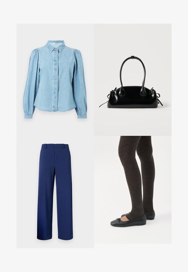 Chemise en denim bleu clair avec un col pointu, une patte de boutonnage à l'avant et des manches longues bouffantes. Texture lisse avec un ourlet arrondi.; Pantalons taillés bleu marine, en tissu lisse, présentant un design à jambe droite, des passants de ceinture et une fermeture éclair à l'avant avec un crochet.; Jambes portant des leggings côtelés foncés associés à des ballerines noires avec de petits détails en nœud sur fond blanc.; Petit sac à main noir brillant avec deux longues anses et des détails à cordon sur les côtés sur un fond clair uni.