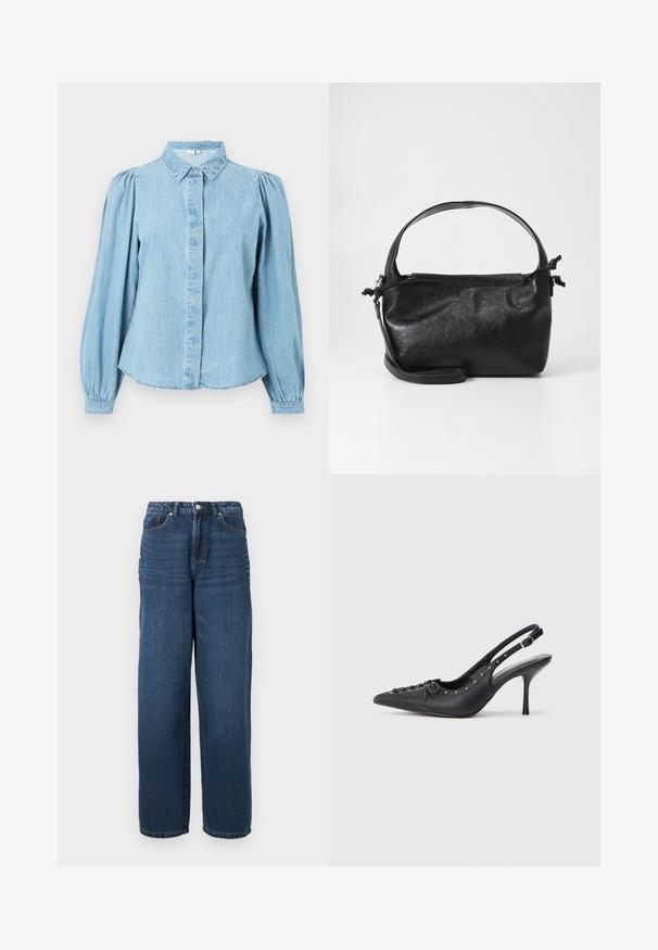 Chemise en denim bleu clair avec un col pointu, une patte de boutonnage à l'avant et des manches longues bouffantes. Texture lisse avec un ourlet arrondi.; Jean en denim bleu foncé avec une coupe ample, un design à cinq poches et une fermeture à bouton avec des accents en métal le long des coutures latérales.; Escarpin en cuir noir à talon aiguille avec un bout pointu, une bride latérale à boucle, des clous le long du bord et un laçage décoratif à l'avant.; Sac à main en cuir noir au design structuré, avec une poignée arrondie et une bandoulière amovible. Présente une texture lisse et un éclat subtil.