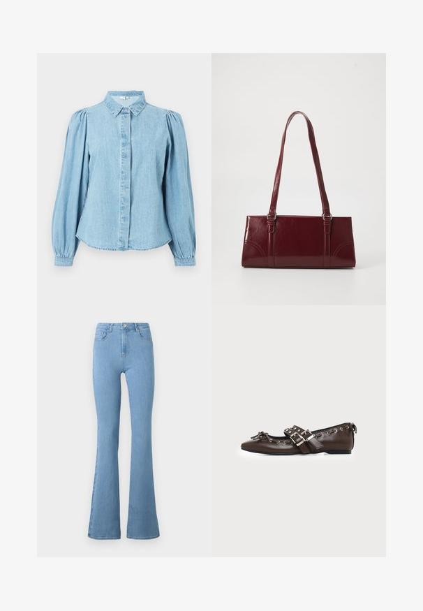 Lichtblauw denim overhemd met een puntige kraag, knoopsluiting aan de voorkant en lange pofmouwen. Gladde textuur met een afgeronde zoom.; Lichtblauwe flare jeans van denim, met een hoge taille, vijf zakken, een rits aan de voorkant en een metalen knoopsluiting.; Donkerbruine leren platte schoen met puntige neus, dubbele zilveren gespsluitingen, metalen klinknagels en een decoratief strikje aan de voorkant.; Bourgondische handtas van glanzend materiaal, rechthoekige vorm, met twee schouderbanden en subtiele gebogen accenten aan de voorkant.