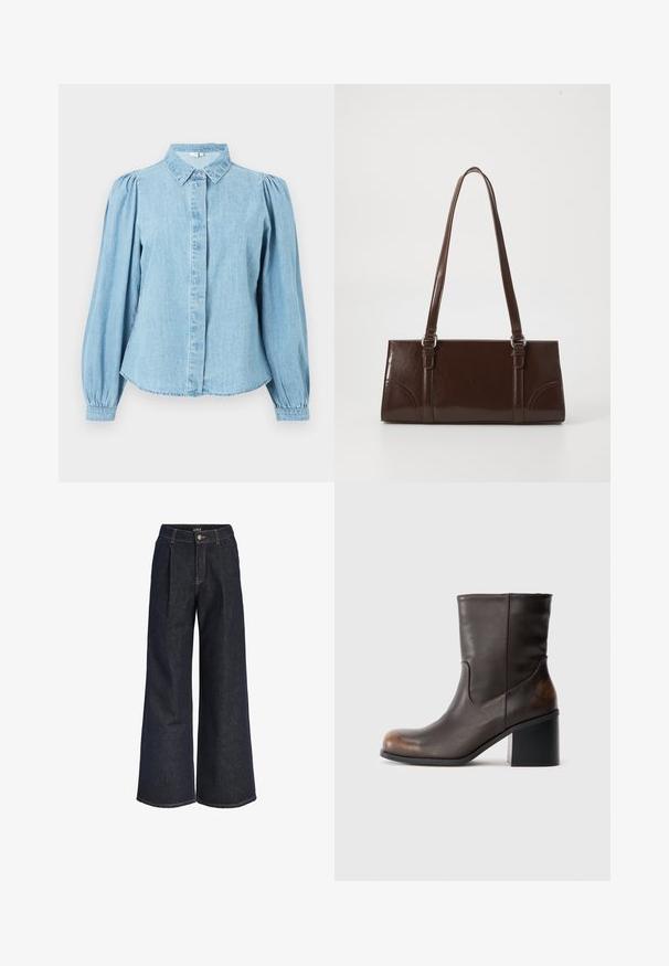 Lichtblauw denim overhemd met een puntige kraag, knoopsluiting aan de voorkant en lange pofmouwen. Gladde textuur met een afgeronde zoom.; Donkerblauwe denim jeans met wijd uitlopende pijpen, plooien, knoopsluiting en ceintuurlussen, afgebeeld tegen een witte achtergrond.; Donkerbruine leren laars tot halverwege het kuit met een ronde neus en blokhak, met subtiele slijtageplekken op de neus en hak.; Bruine lakleren handtas met een rechthoekige vorm, twee lange handvatten en subtiele gebogen accenten aan de voorkant.