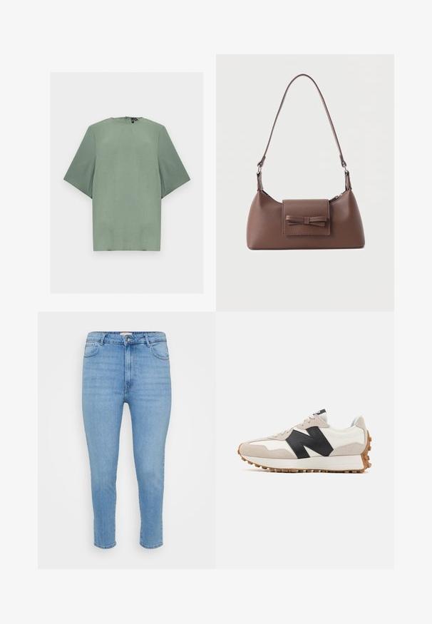 Sage zelená blúzka s krátkym rukávom, okrúhlym výstrihom a zadným zapínaním na zips.; Svetlomodré jeans s vysokým pásom, úzke nohavice, s gombíkom a zipsom, predné a zadné vrecká a dĺžka po členky.; Bielo-béžová teniska s čiernym logom "N", gumovou podrážkou s trakčnými štetcami a viazaním na šnúrky, zobrazená z bočného profilu.; Hnedá kožená taška na rameno s predným vreckom na prekrytie, ktoré má prešitý detail mašle a nastaviteľný popruh.