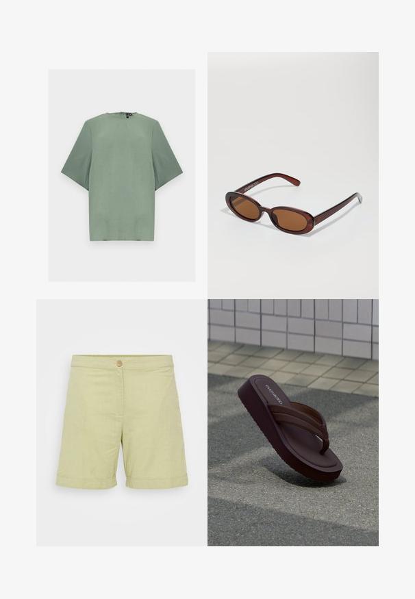 Blouse vert sauge manches courtes avec un col rond et une fermeture éclair au dos.; Shorts en lin vert clair avec une fermeture à bouton, texture lisse, ourlets roulés et un design simple et droit.; Tongs plateforme marron avec des brides épaisses reposant sur l'asphalte près d'un bord carrelé.; Lunettes de soleil rondes teinte brun avec une monture bordeaux brillante. Branches fines avec un détail de marque subtil. Design de verres plats.