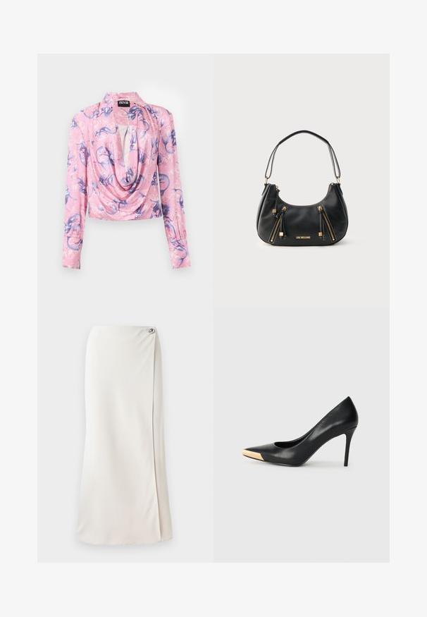 Roze blouse met lange mouwen met paarse draakprint, gedrapeerde halslijn en geplooide manchetten, met label Versace Jeans Couture.; Lange witte rok van gladde stof, met een zijsplit en een decoratieve zilveren knoopaccent dicht bij de tailleband. Schone lijnen en minimalistisch ontwerp.; Zwarte leren hoge hak pump met een spitse neus; heeft een metallic gouden accent op de neuskap. Glad oppervlak met een stijlvolle vormgeving.; Zwarte leren schoudertas met twee verticale gouden ritsen en het "LOVE MOSCHINO" logo in goud aan de voorkant.