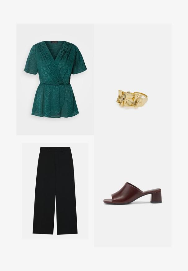 Kergest teal tooniga top, millel on lühikesed varrukad, lillemustrid, v-kujuline kaelus ja vöörihm puusa kohal.; Laiad mustad püksid, mis on valmistatud siledast kangast. Omavad tasast vööpinki koos vöölõngadega ja ilma nähtavate taskuteta. Lihtne disain.; Tumedast burgundist avatud varvastega libisemis sandaalid, valmistatud siledast nahast, ümarate kujunditega ja paksu kannaga stabiilsuse tagamiseks. Näidatud külgvaates.; Kuldne sõrmus tekstureeritud, lainelise disainiga, millel on kolm silmapaistvat tippu. Sile, läikiv pind ja avatud riba, mis võimaldab reguleeritavat sobivust.