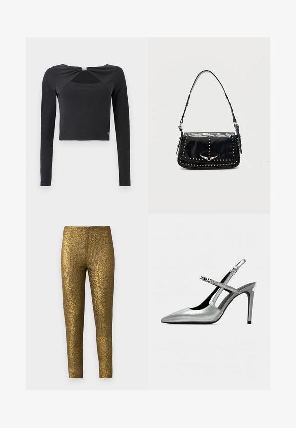 Top corto negro de manga larga con un detalle de corte frontal asegurado por un pequeño adorno de cristal en forma de cuadrado en el escote.; Leggings metálicos dorados con un patrón de rayas verticales texturizadas. La tela tiene un acabado brillante y una silueta ajustada y esbelta.; Tacones altos de tiras traseras plateados con punta puntiaguda, acabado brillante y tacón de aguja delgado. Correa decorativa con detalles metálicos.; Bolso de hombro de piel negra con detalles de tachuelas plateadas y emblema metálico alado en la solapa frontal sobre un fondo liso.