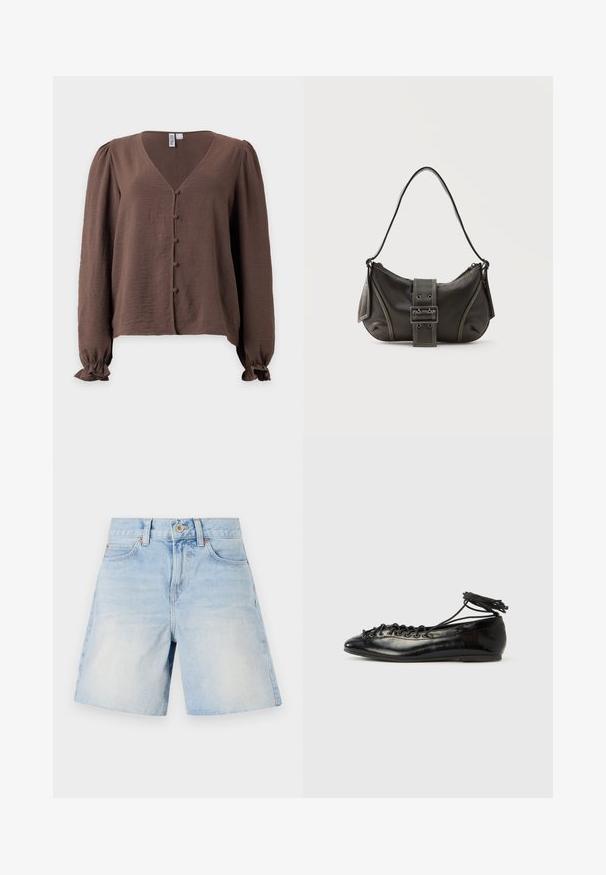 Bruine blouse met lange mouwen en V-hals, met met stof beklede knopen aan de voorkant, licht opgepofte mouwen en gerimpelde manchetten.; Lichtblauwe denim shorts met een hoge taille, vijf zakken en een knoopsluiting. Heeft subtiele vervaging en stevige stiksels.; Zwarte ballerina's van lakleer met een afgeronde neus, veterdesign en een platte zool. Glad oppervlak met minimale details.; Zwarte leren schoudertas met gespsluiting aan de riem, afgeronde hoeken en contrasterende witte stiksels op een effen achtergrond.