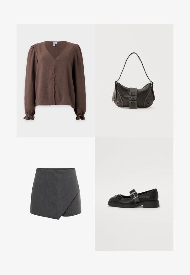 Blouse marron à manches longues avec col en V, boutons recouverts de tissu sur le devant, manches légèrement bouffantes et poignets volantés.; Jupe courte grise avec un design croisé, en tissu lisse et texturé. Coupe ajustée avec un ourlet angulé et des bords nets.; Chaussure Mary Jane en cuir noir avec un bout arrondi, une sangle à la cheville et des détails en boucle argentée. Présente une semelle plate et épaisse ainsi qu'un accent en nœud.; Sac à épaule en cuir noir avec une sangle à boucle, des bords arrondis et des coutures blanches contrastées sur un fond uni.