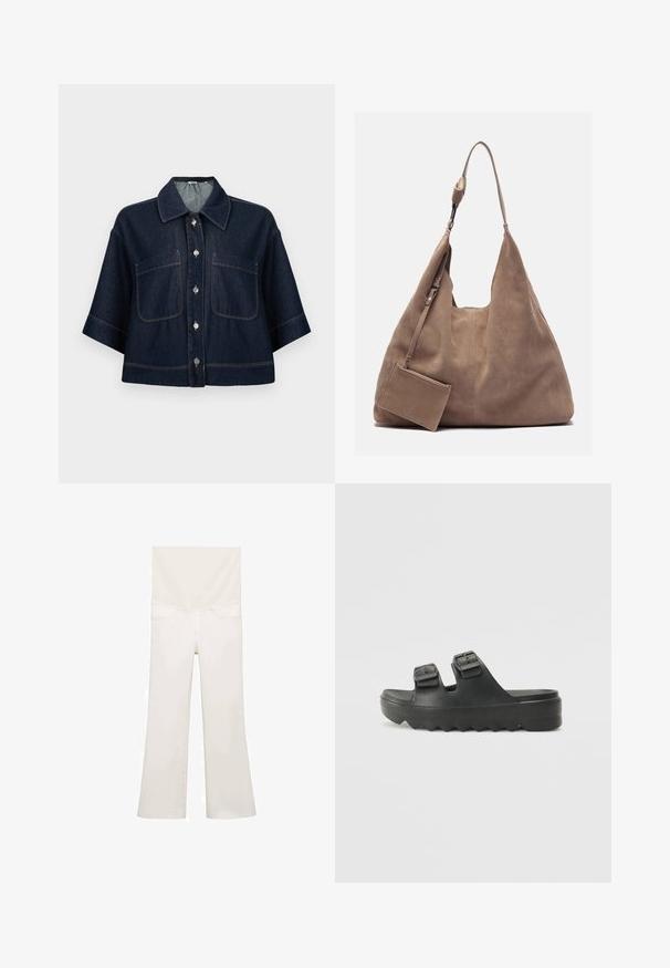 Donkerblauwe denim jas met korte mouwen, sluiting met knopen aan de voorkant, twee grote borstzakken en een puntige kraag.; Witte uitlopende jeans van de achterkant, met een gladde textuur, twee achterzakken en subtiele stiksels langs de naden.; Zwarte rubberen sandalen met twee verstelbare gespen, een textuur voetbed en een dikke, zigzag zool voor extra grip en comfort.; Zign LEATHER - Shopper - light brown