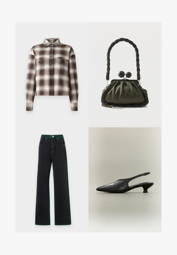 CLOSED CROPPED FRONT OVERSIZED SHIRT - Overhemdblouse - dark raisin red; Zwarte jeans met wijde pijpen en groene accenten, gemaakt van denim, met een hoge taille, zijzakken en een metalen knopen sluiting.; Zwarte leren slingback schoen met puntige neus en lage kittenhak op een neutrale achtergrond.; Olijfgroene leren handtas met gevlochten handvat en zilverkleurige accenten, voorzien van een geplooid ontwerp en ronde sluitdetails aan de bovenkant.