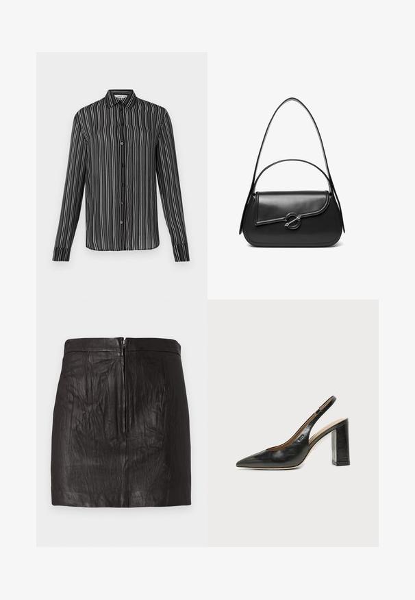 Sort knap-up skjorte med lange ærmer og hvide lodrette striber samt en klassisk krave, vist mod en ensfarvet lys baggrund.; Sort læder mini-skirt med lynlås foran og subtile lodrette sømdetaljer på en ensfarvet baggrund.; Sort læder peep-toe slingback sko med høj blokhæl og beige indvendig foring mod en ensfarvet lys baggrund.; Sort skuldertaske i læder med en buet klap, der er fastgjort med en rund metal spænde, og en slank, justerbar rem.