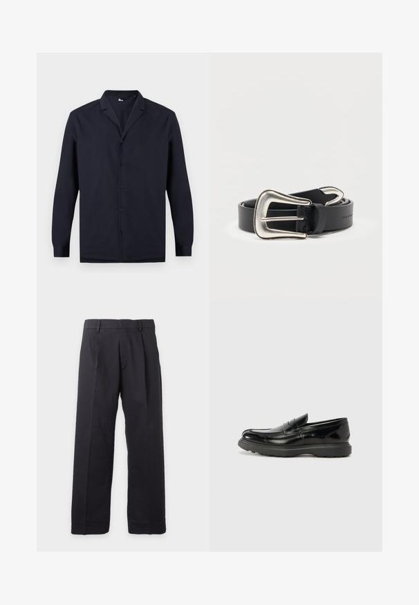 Camisa negra de manga larga con botones y cuello con muesca, presentada sobre un fondo blanco.; Pantalones negros de pierna recta con trabillas para cinturón y pliegues delanteros sobre un fondo blanco liso.; Mocasín de cuero negro con un acabado brillante, punta redondeada, detalles de costura sutiles y una suela de goma gruesa para mayor durabilidad.; Cinturón de cuero negro con una hebilla grande de estilo occidental en tono plateado y una punta de cinturón plateada a juego, enrollado sobre un fondo blanco.