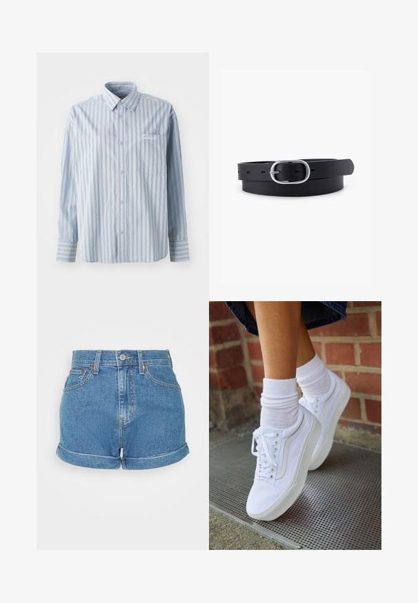 Lyseblå langærmet skjorte med knaplukning, hvide og mørke lodrette striber og en brystlomme med hvid skriftbroderi.; Højtaljede denimshorts i lyseblå, med rullekant, fem-lommers design og metalknaplukning med kontrastsyninger.; Hvide lærreds sneakers med gummisåler, der har seks snørehuller, rund tå og let sømdetaljer, krydret med hvide ankelstrømper.; Sort læderbælte med en glat overflade, oval sølvmetalspænde og flere justeringshuller langs stroppen. Flad, minimalistisk design.