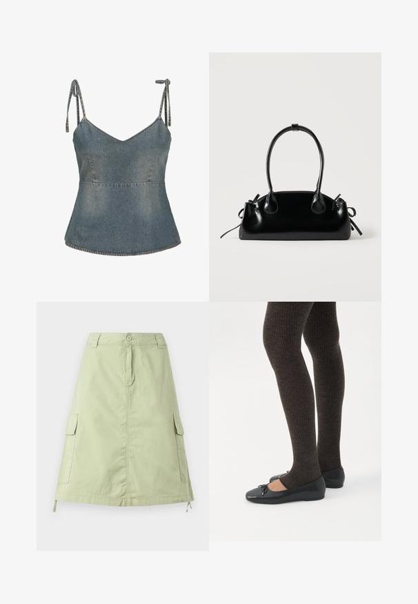 Top de denim con tirantes ajustables, escote en V y silueta acampanada. Color azul claro con detalles de costura visibles en todo el diseño.; Falda de algodón verde claro, hasta la rodilla, con dos bolsillos laterales tipo cargador, cierre de botón y un corte recto relajado. Textura lisa.; Piernas con leggings oscuros acanalados combinados con bailarinas negras que presentan pequeños detalles de lazo sobre un fondo blanco.; Pequeño bolso negro brillante con dos asas largas y detalles de cordón lateral sobre un fondo claro liso.